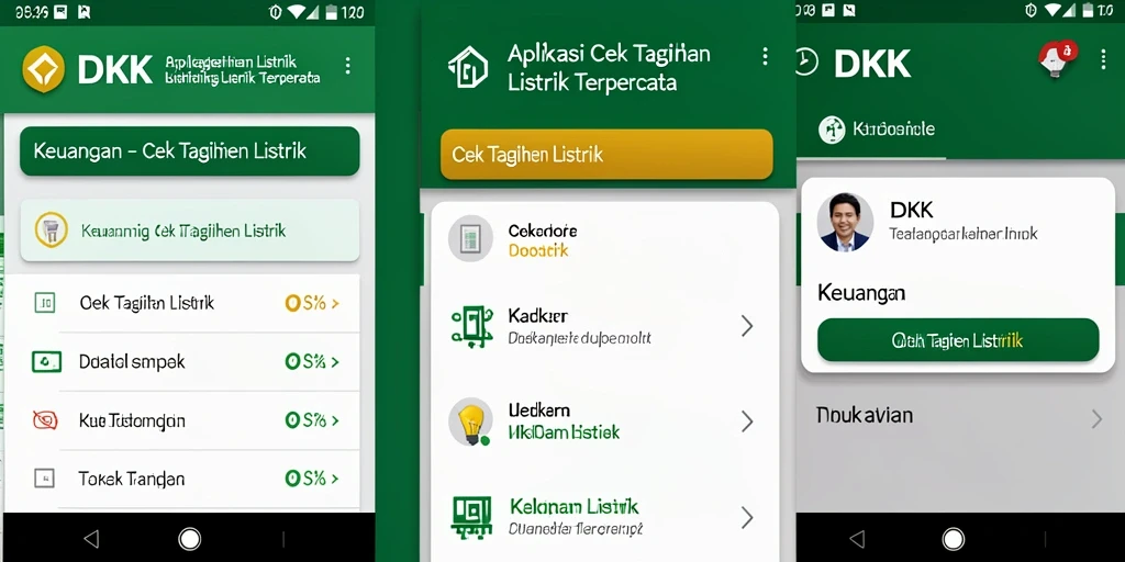 Screenshot antarmuka DKK menampilkan fitur cek tagihan listrik.