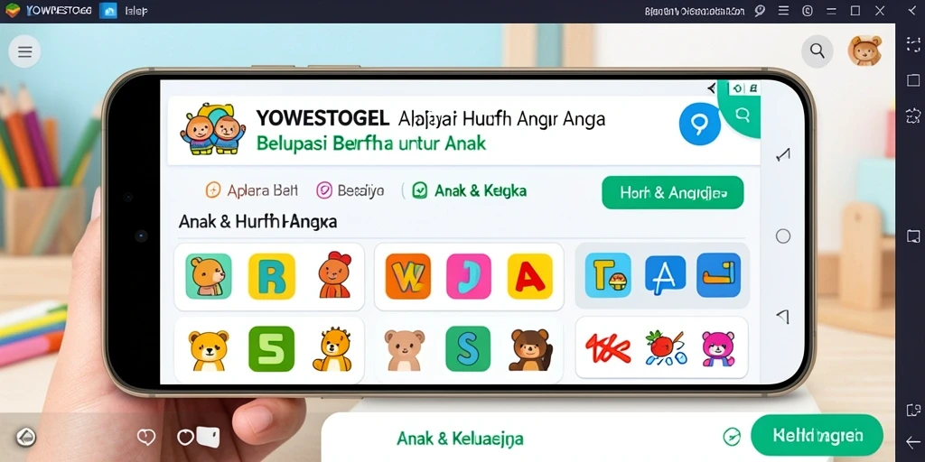 Antarmuka aplikasi YOWESTOGEL yang menarik untuk belajar huruf dan angka.